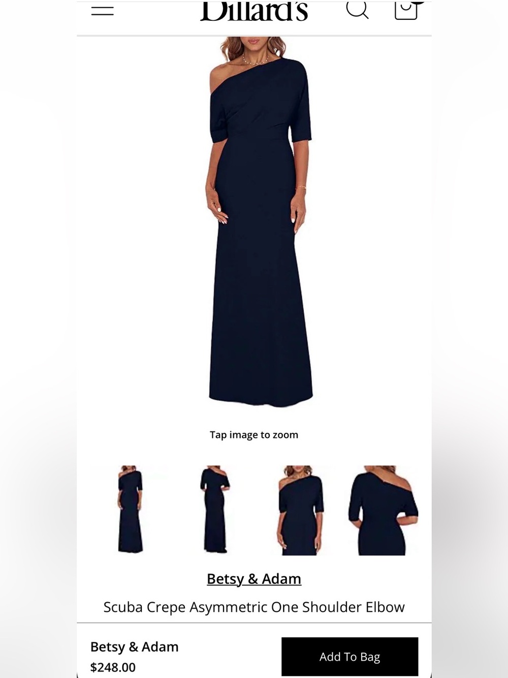 Betsy & Adam Navy Scuba Crepe Asymmetric One Shoulder Elbow Sleeve Mermaid Gown